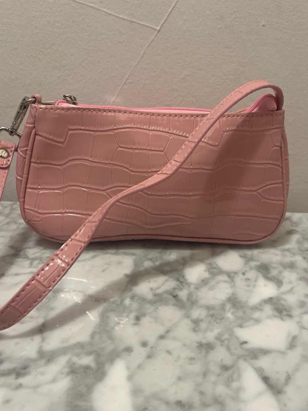 Pink Croc-Embossed Mini Shoulder Bag